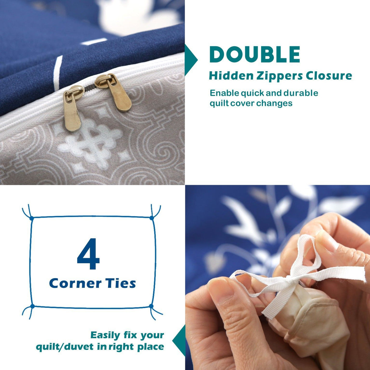 3 Piece Hotel Soft Microfiber Quilt Cover Set-2000TC Duvet/Donna Cover Set & Pillowcases -1 Quilt Cover Zipper Closure & 1 x Pillowcases-Breathable Bedding - Wrinkle, Fade, Stain Resistant(Navy Floral,King)