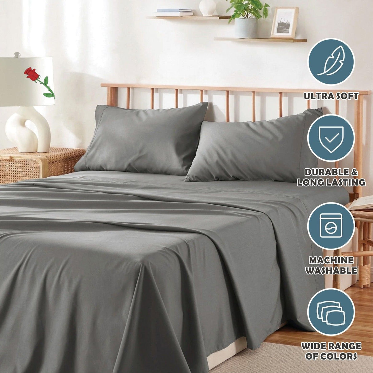 3 Piece Bed Sheet Set- Bedding Sheets & Pillowcases -Breathable Bedding - Wrinkle, Fade, Stain Resistant-Deep Pocket Flat Fitted Bed Sheet Set(Grey,King Single)