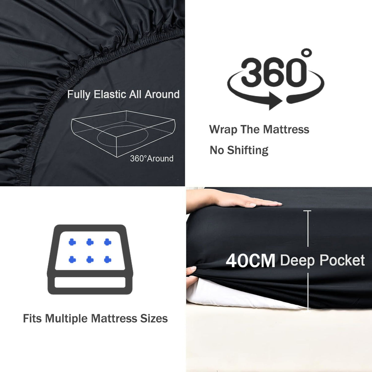 2 Piece Fitted Sheet Set- Fitted Sheet & Pillowcases -Breathable Bedding - Wrinkle, Fade, Stain Resistant- 40cm Deep Pocket Fitted Bed Sheet Set(Black,Single)