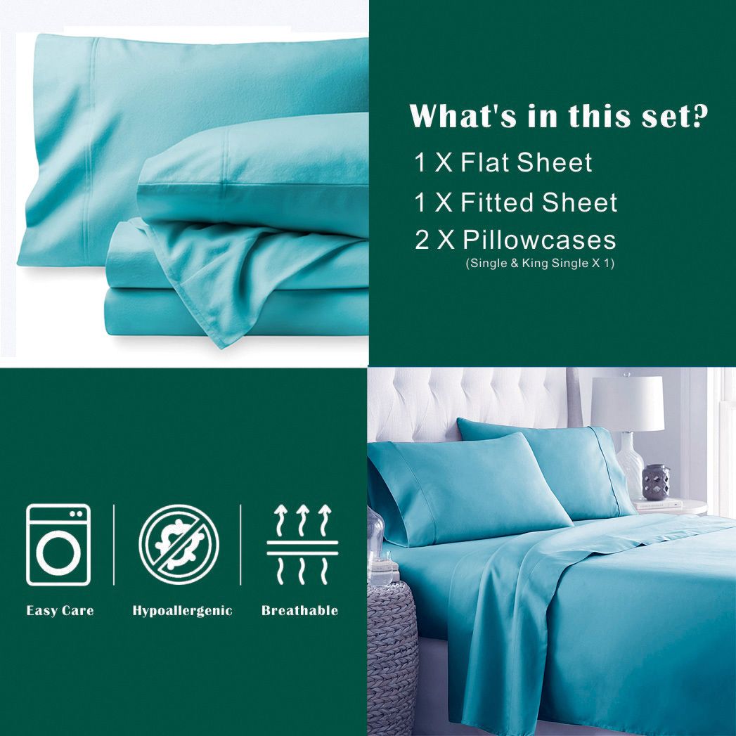 3 Piece Bed Sheet Set- Bedding Sheets & Pillowcases -Breathable Bedding - Wrinkle, Fade, Stain Resistant-Deep Pocket Flat Fitted Bed Sheet Set(Ice Blue,Single)