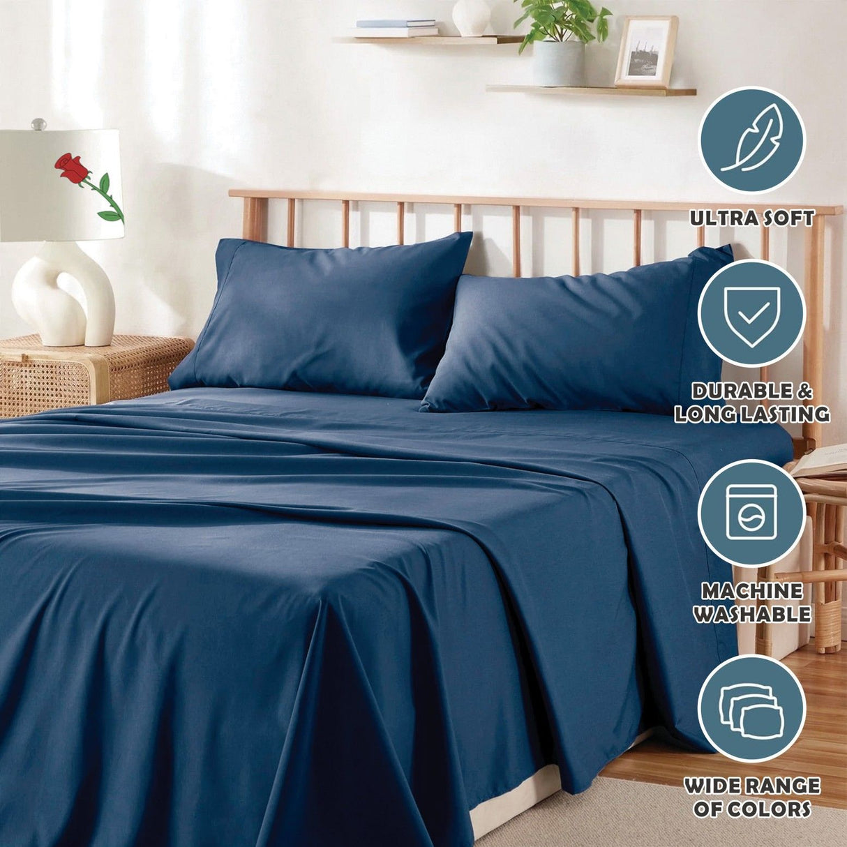 4 Piece Bed Sheet Set- Bedding Sheets & Pillowcases -Breathable Bedding - Wrinkle, Fade, Stain Resistant-Deep Pocket Flat Fitted Bed Sheet Set(Navy,Super King)