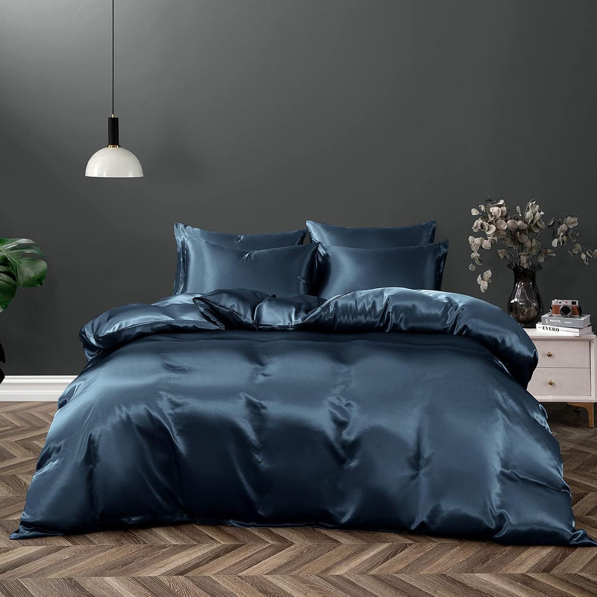 Satin Quilt cover Set Hotel 3 Pieces Quilt cover with Pillowcase, Art Silk Bedding Set-Luxury Soft Silky pillowcase for Hair and Skin, Similar to Silk Duvet/Donna Cover Set- 3 Pieces(Double,Navy)