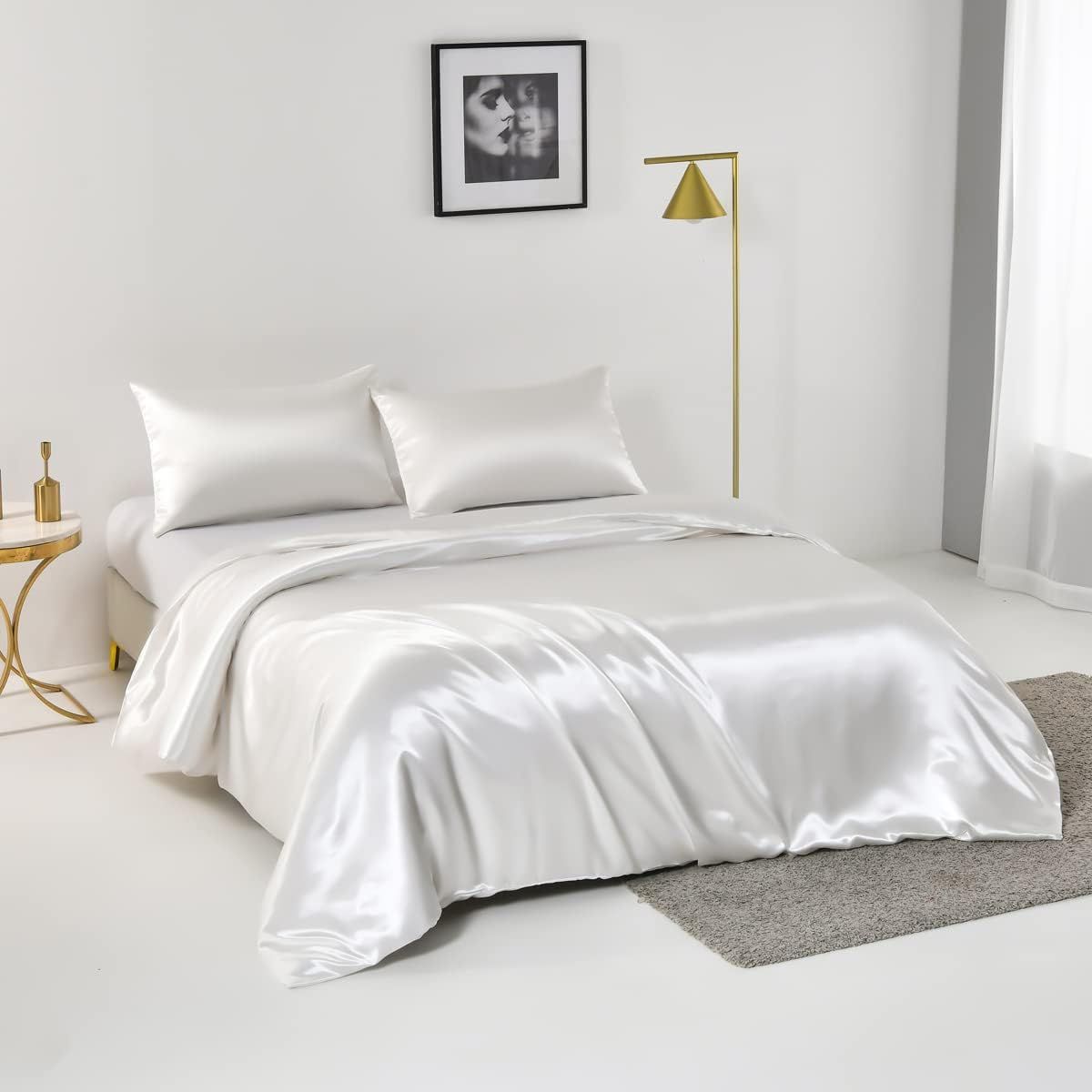Satin Quilt cover Set Hotel 3 Pieces Quilt cover with Pillowcase, Art Silk Bedding Set-Luxury Soft Silky pillowcase for Hair and Skin, Similar to Silk Duvet/Donna Cover Set- 3 Pieces(King,White)