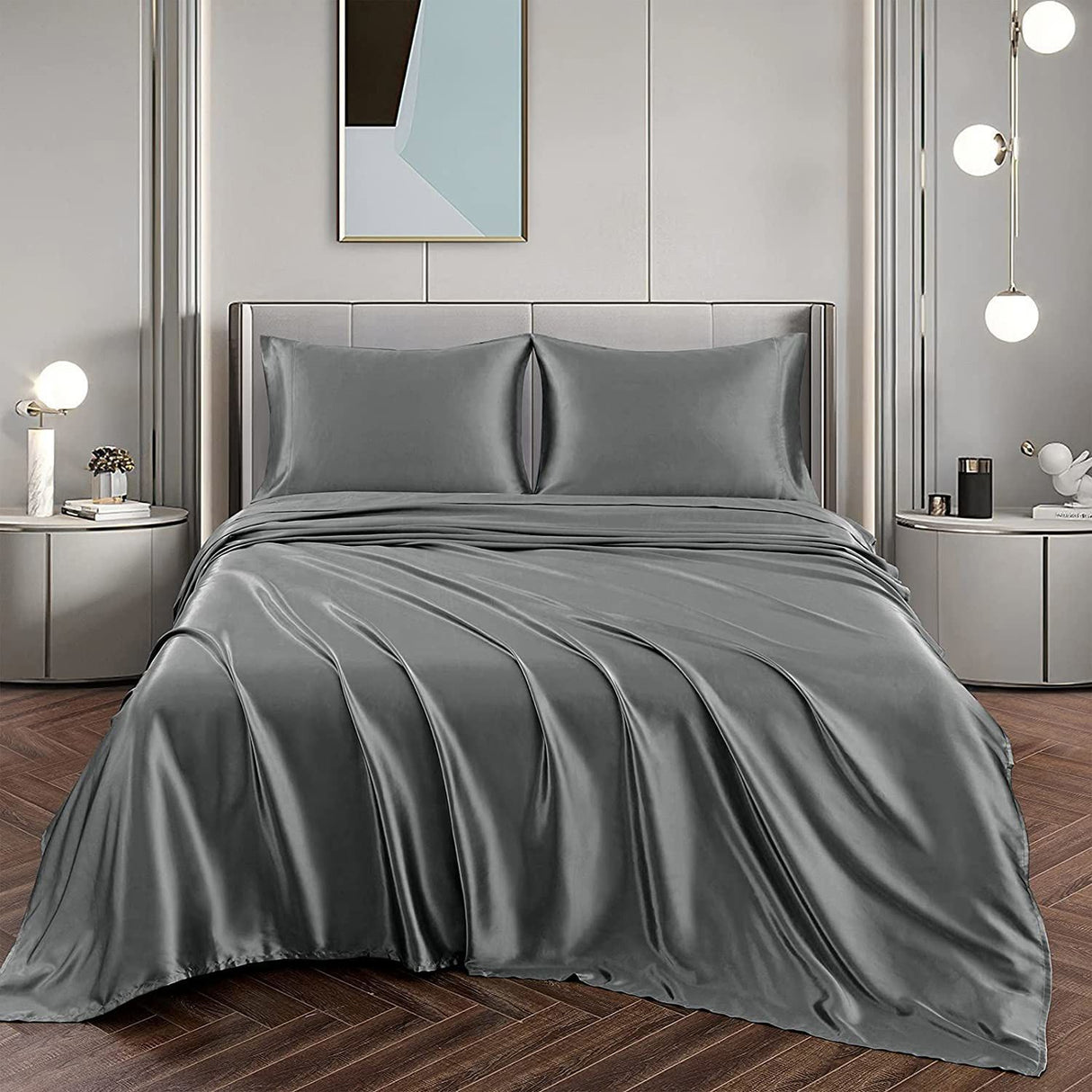Art Silk Satin Sheet Set Hotel 4 Pieces Fitted/Flat Sheet Bedding Set-Luxury Soft Silky Sheets for Hair and Skin, Similar to Silk Bed Sheets Set 4 Pieces(King,Grey)