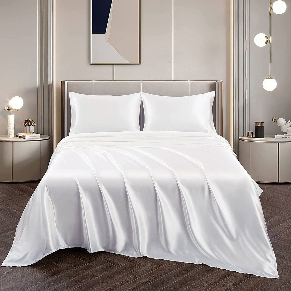 Art Silk Satin Sheet Set Hotel 3 Pieces Fitted/Flat Sheet Bedding Set-Luxury Soft Silky Sheets for Hair and Skin, Similar to Silk Bed Sheets Set 3 Pieces(King Single,White)