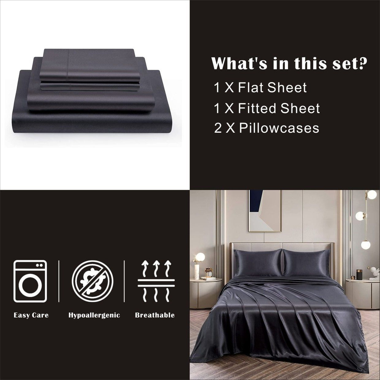 Art Silk Satin Sheet Set Hotel 3 Pieces Fitted/Flat Sheet Bedding Set-Luxury Soft Silky Sheets for Hair and Skin, Similar to Silk Bed Sheets Set 3 Pieces(King Single,Black)