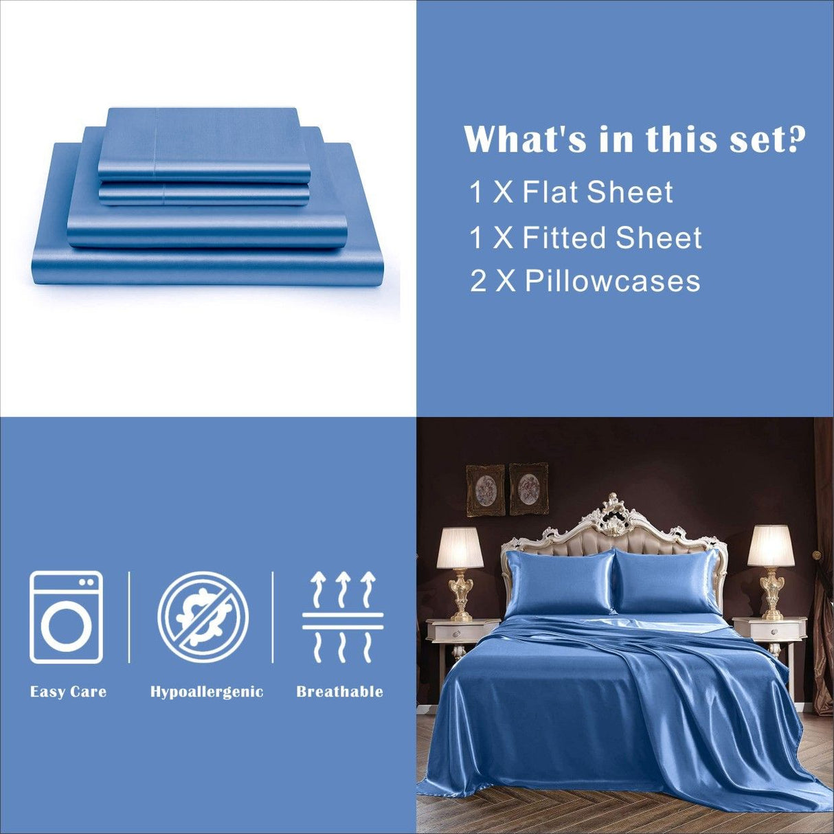 Art Silk Satin Sheet Set Hotel 3 Pieces Fitted/Flat Sheet Bedding Set-Luxury Soft Silky Sheets for Hair and Skin, Similar to Silk Bed Sheets Set 3 Pieces(King Single,Ocean)