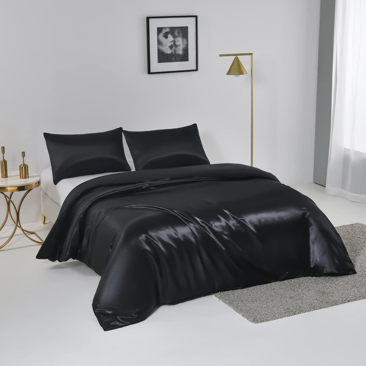 Satin Quilt cover Set Hotel 3 Pieces Quilt cover with Pillowcase, Art Silk Bedding Set-Luxury Soft Silky pillowcase for Hair and Skin, Similar to Silk Duvet/Donna Cover Set- 3 Pieces(Queen,Black)