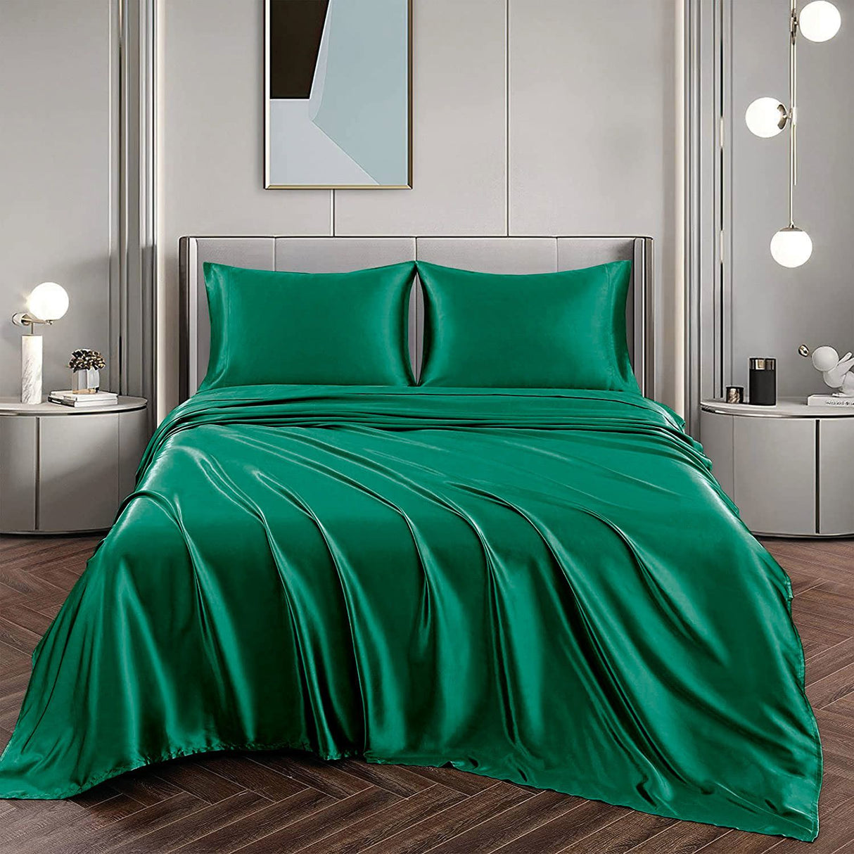 Art Silk Satin Sheet Set Hotel 4 Pieces Fitted/Flat Sheet Bedding Set-Luxury Soft Silky Sheets for Hair and Skin, Similar to Silk Bed Sheets Set 4 Pieces(Queen,Green)