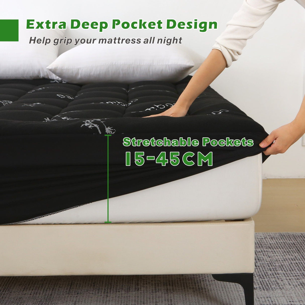 800GSM Mattress Topper Viscose Derived from Bamboo, Thick Pillowtop Fitted Mattress Cover with 45cm Deep Skirt - Machine Washable Hypoallergenic(King Single,Black)