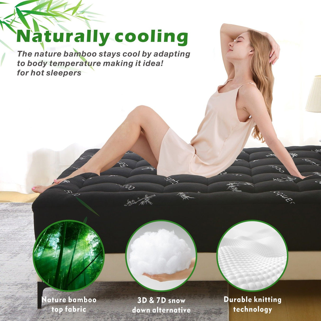 800GSM Mattress Topper Viscose Derived from Bamboo, Thick Pillowtop Fitted Mattress Cover with 45cm Deep Skirt - Machine Washable Hypoallergenic(Single,Black)