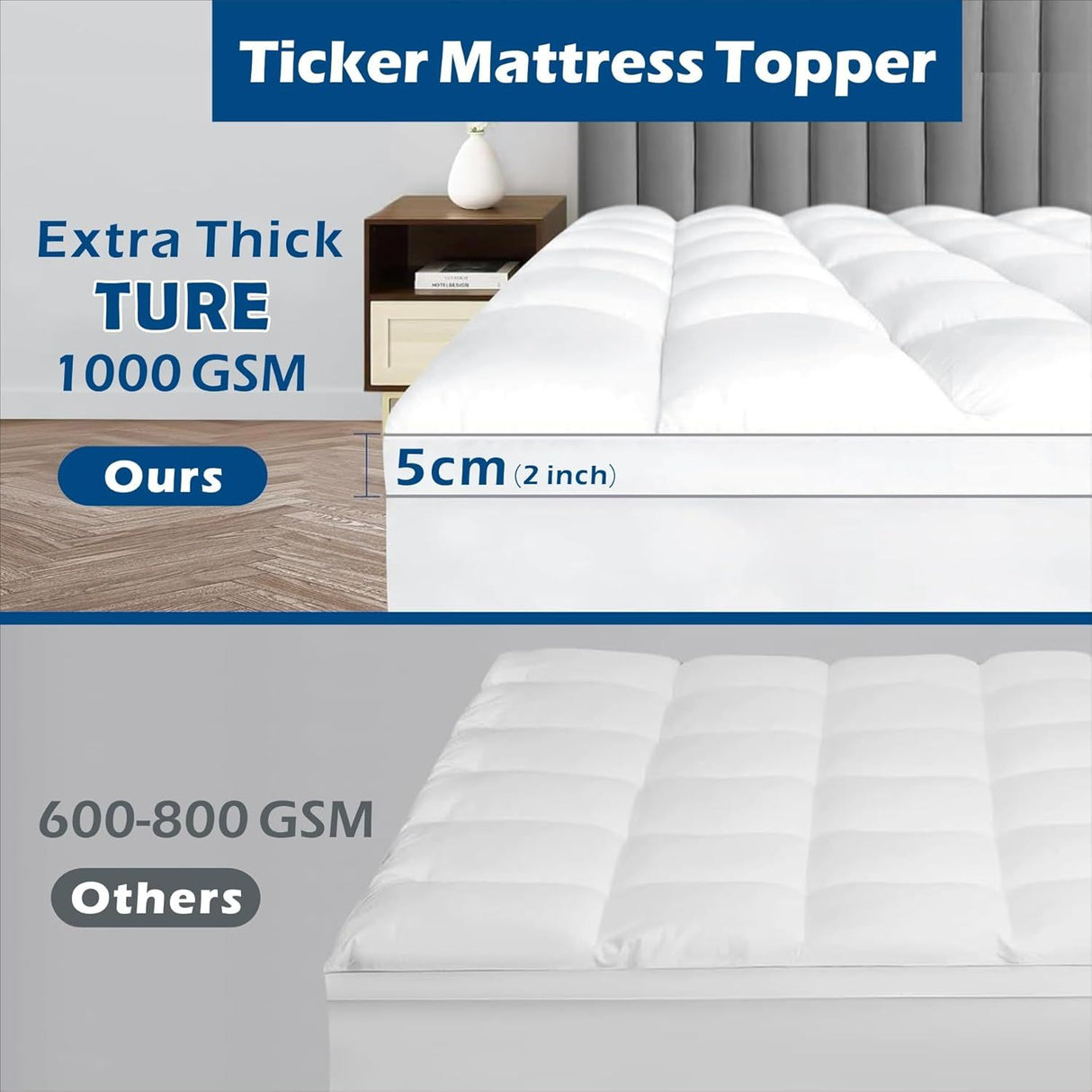 1000GSM Mattress Topper Viscose Derived from Bamboo, Thick Pillowtop Fitted Mattress Cover with 45cm Deep Skirt - Machine Washable Hypoallergenic(Super King,Black)
