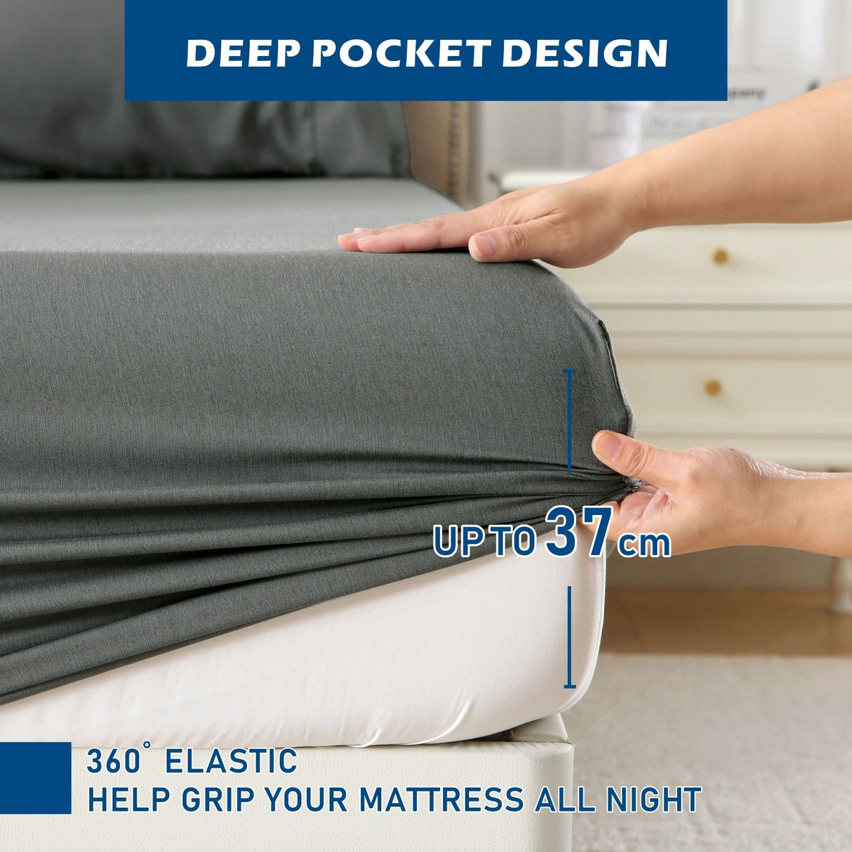 4 Piece Hotel Bamboo Cooling Sheet Set -Ultra Soft 2000TC Breathable Bed Sheets Set with 37 Centimetre Deep Pocket-Cooling Sheets for Hot Sleepers(Grey,Double)