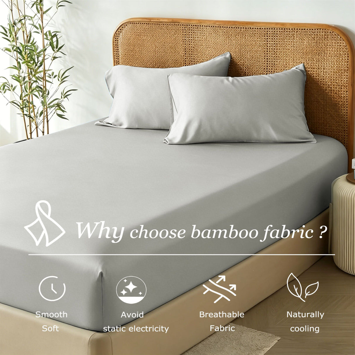 3 Piece Hotel Bamboo Cooling Fitted Sheet Set & Pillowcase -Ultra Soft 2000TC Breathable Fitted Bed Sheets Set with 37 Centimetre Deep Pocket-Cooling Sheets for Hot Sleepers(Silver-gray,King)
