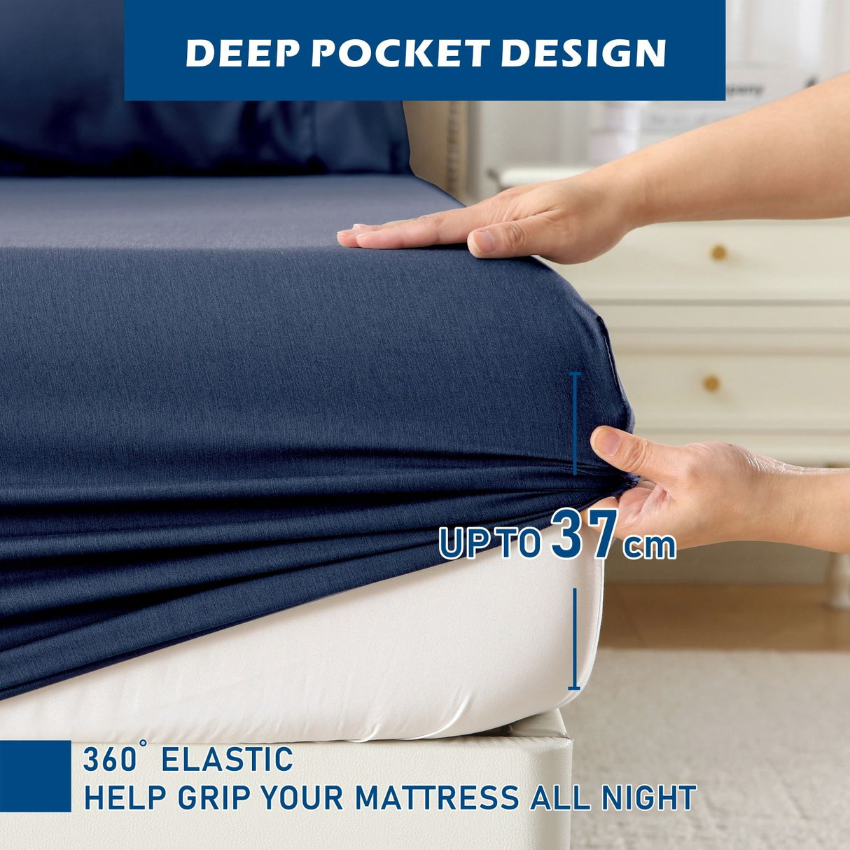3 Piece Hotel Bamboo Cooling Sheet Set -Ultra Soft 2000TC Breathable Bed Sheets Set with 37 Centimetre Deep Pocket-Cooling Sheets for Hot Sleepers(Navy,King Single)