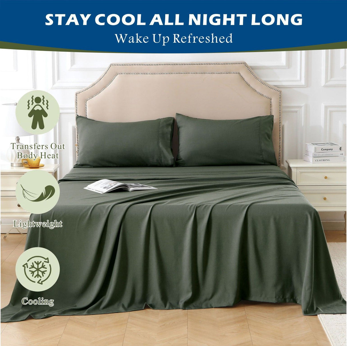 3 Piece Hotel Bamboo Cooling Sheet Set -Ultra Soft 2000TC Breathable Bed Sheets Set with 37 Centimetre Deep Pocket-Cooling Sheets for Hot Sleepers(Olive green,Single)