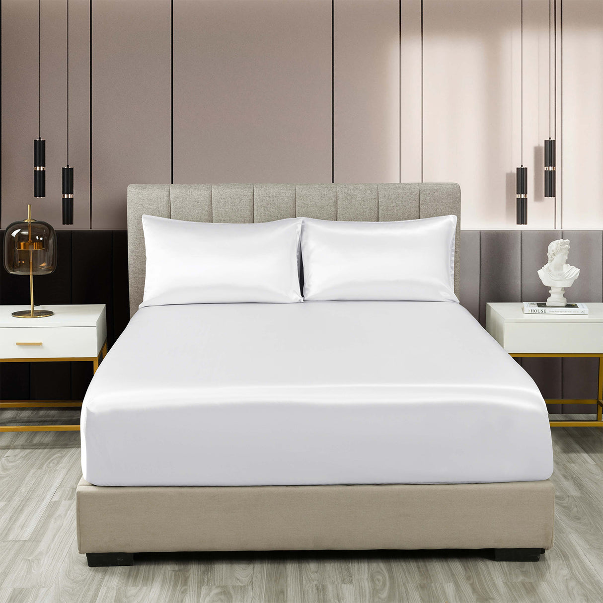 Royal Comfort Satin Sheet Set 3 Piece Fitted Sheet Pillowcase Soft - Queen - White