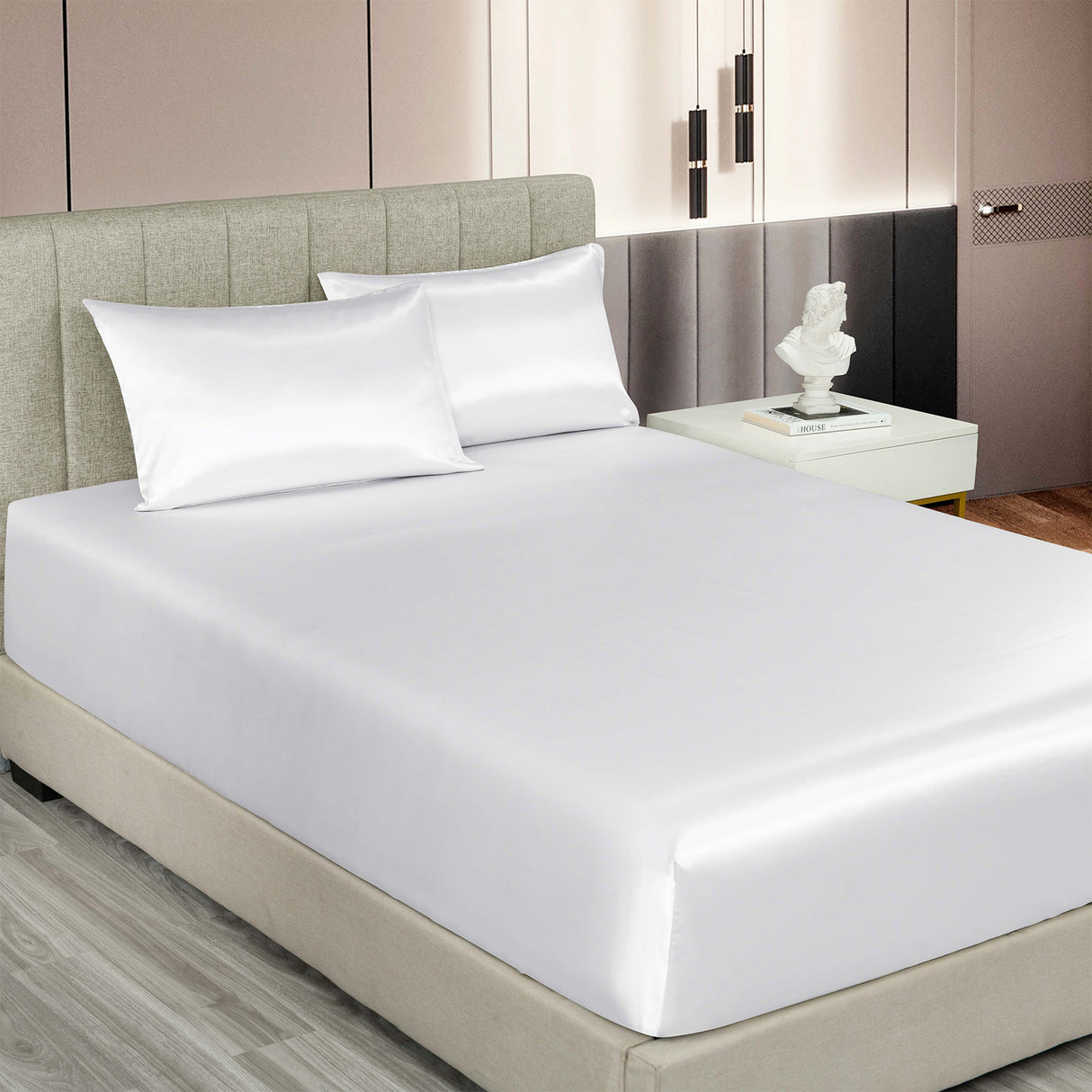 Royal Comfort Satin Sheet Set 3 Piece Fitted Sheet Pillowcase Soft - Queen - White