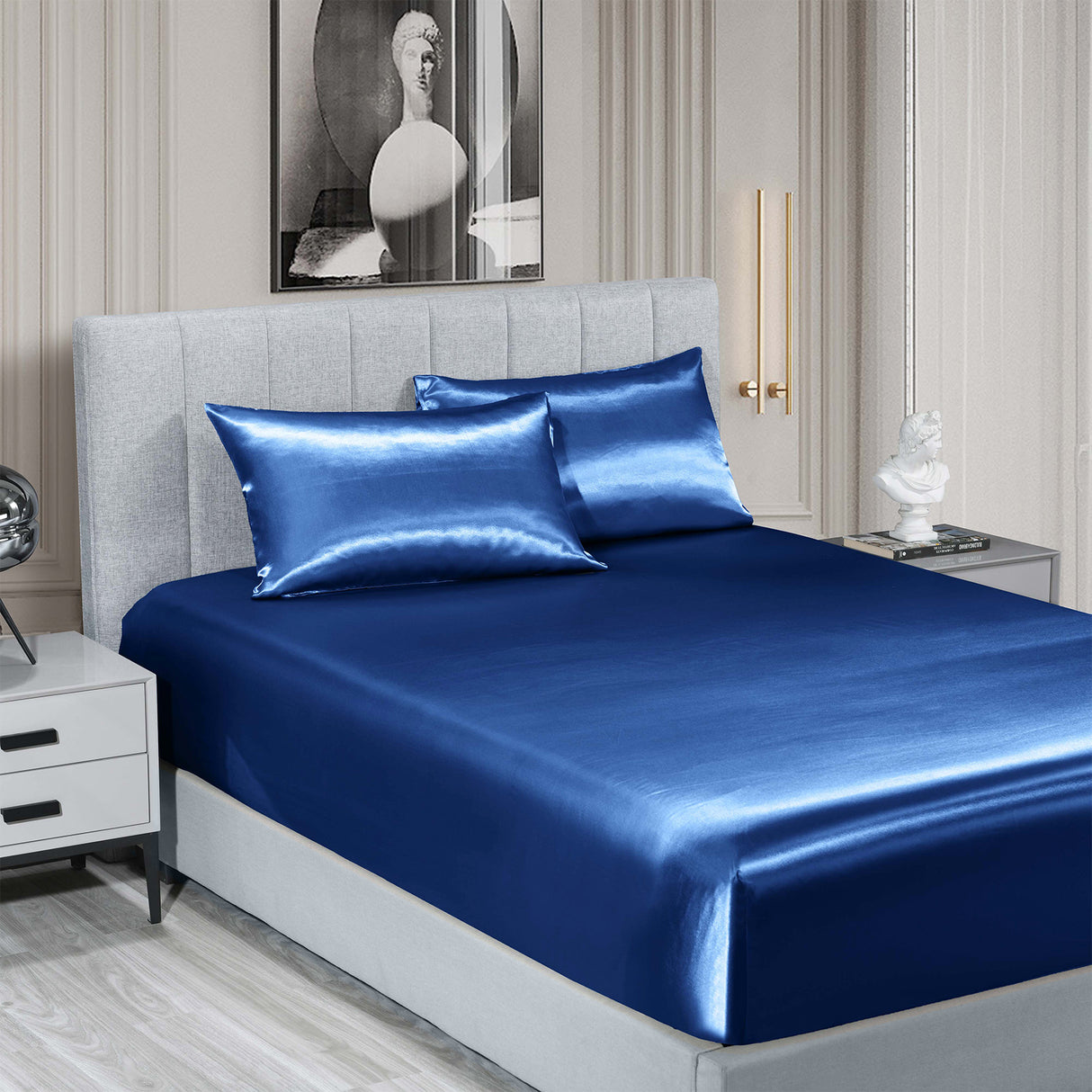 Royal Comfort Satin Sheet Set 3 Piece Fitted Sheet Pillowcase Soft - King - Navy Blue