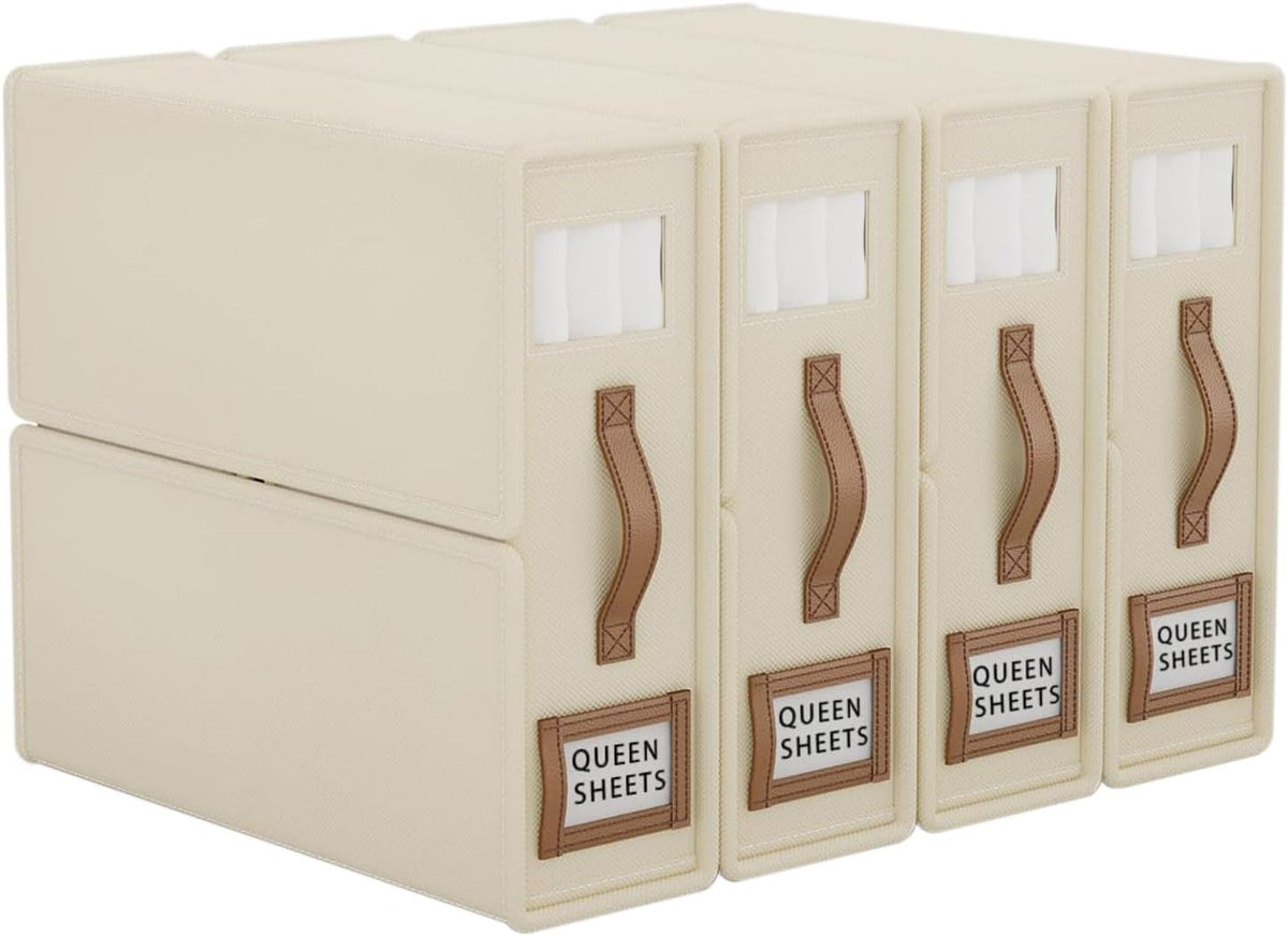 CARLA HOME Bed Sheet Organizer Set of 4 with Handle & Window for Covers, Pillowcases, Blankets, Clothes & Sheets (Beige)