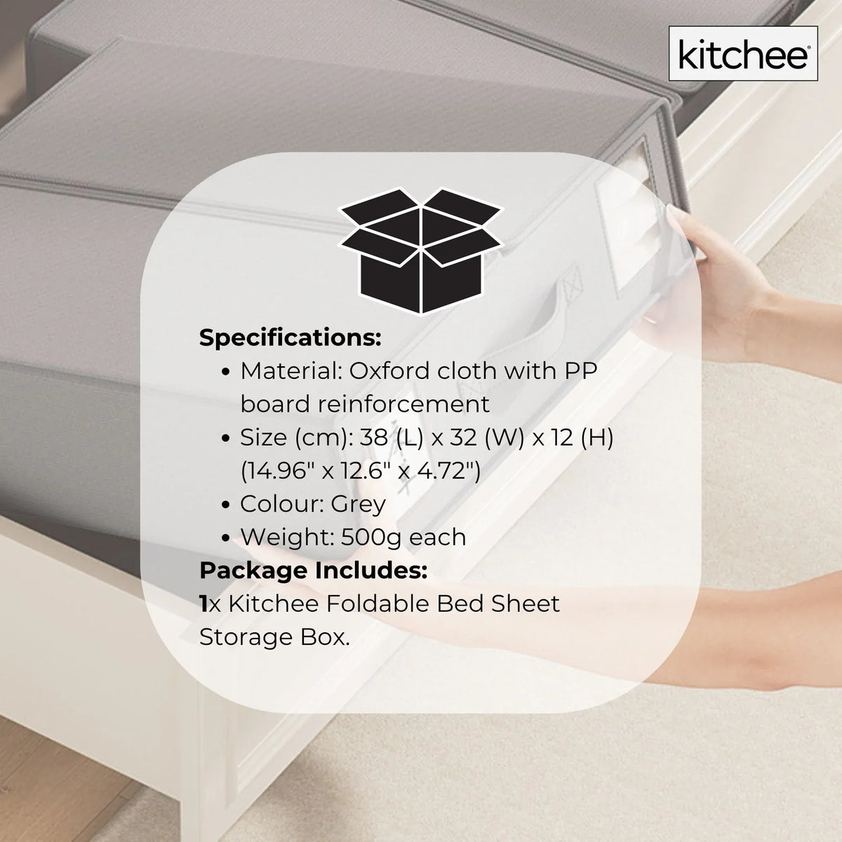 1x Kitchee Foldable Bed Sheet Storage Box - Linen and Closet Organiser Grey