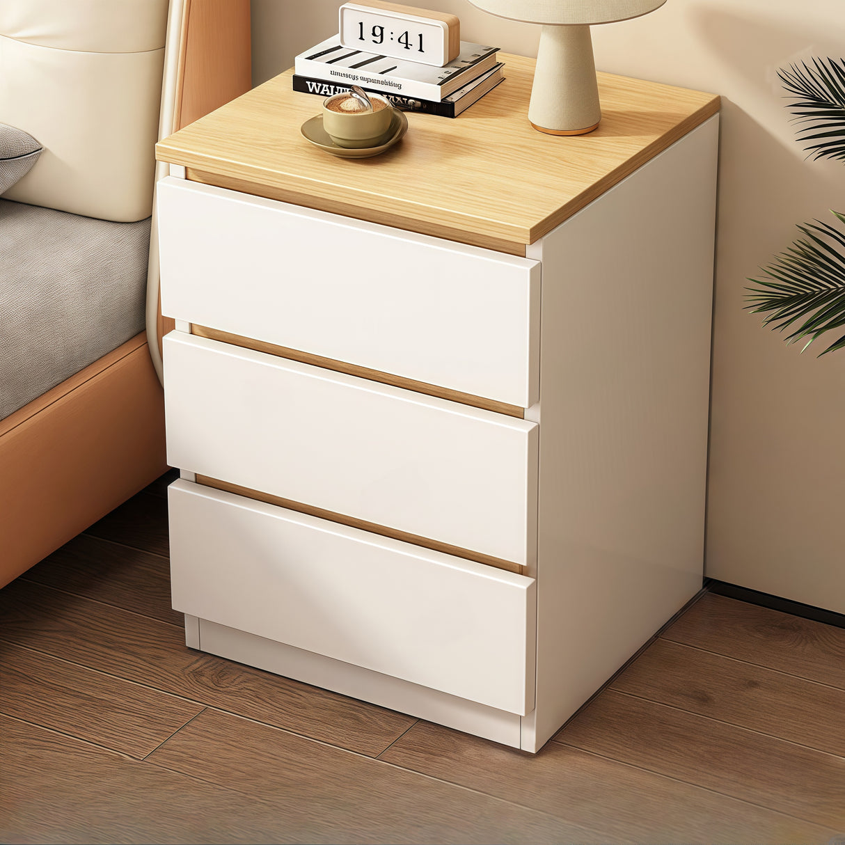 2x Bedside table set modern design oak wood grain white 3 drawers