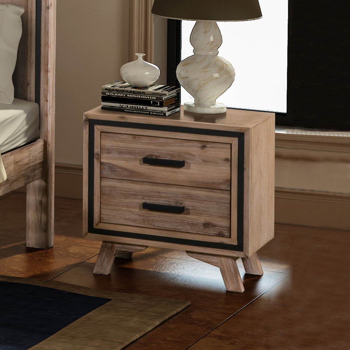 4 Pieces Bedroom Suite Queen Size Silver Brush in Acacia Wood Construction Bed, Bedside Table & Tallboy
