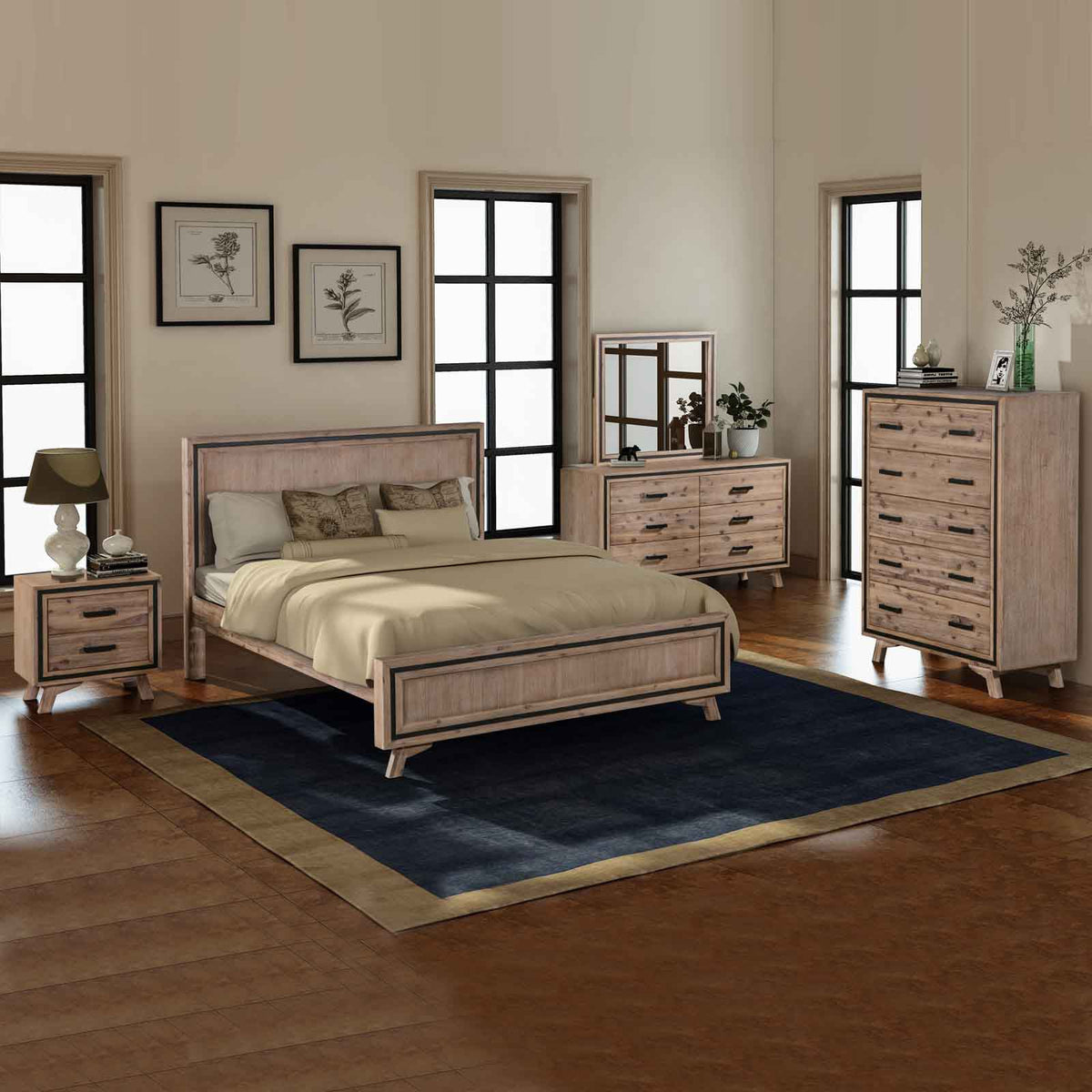 5 Pieces Bedroom Suite Queen Size Silver Brush in Acacia Wood Construction Bed, Bedside Table, Tallboy & Dresser