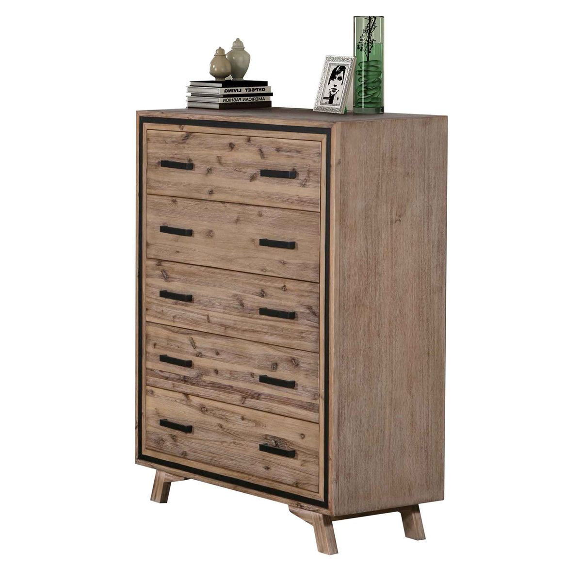 5 Pieces Bedroom Suite Queen Size Silver Brush in Acacia Wood Construction Bed, Bedside Table, Tallboy & Dresser