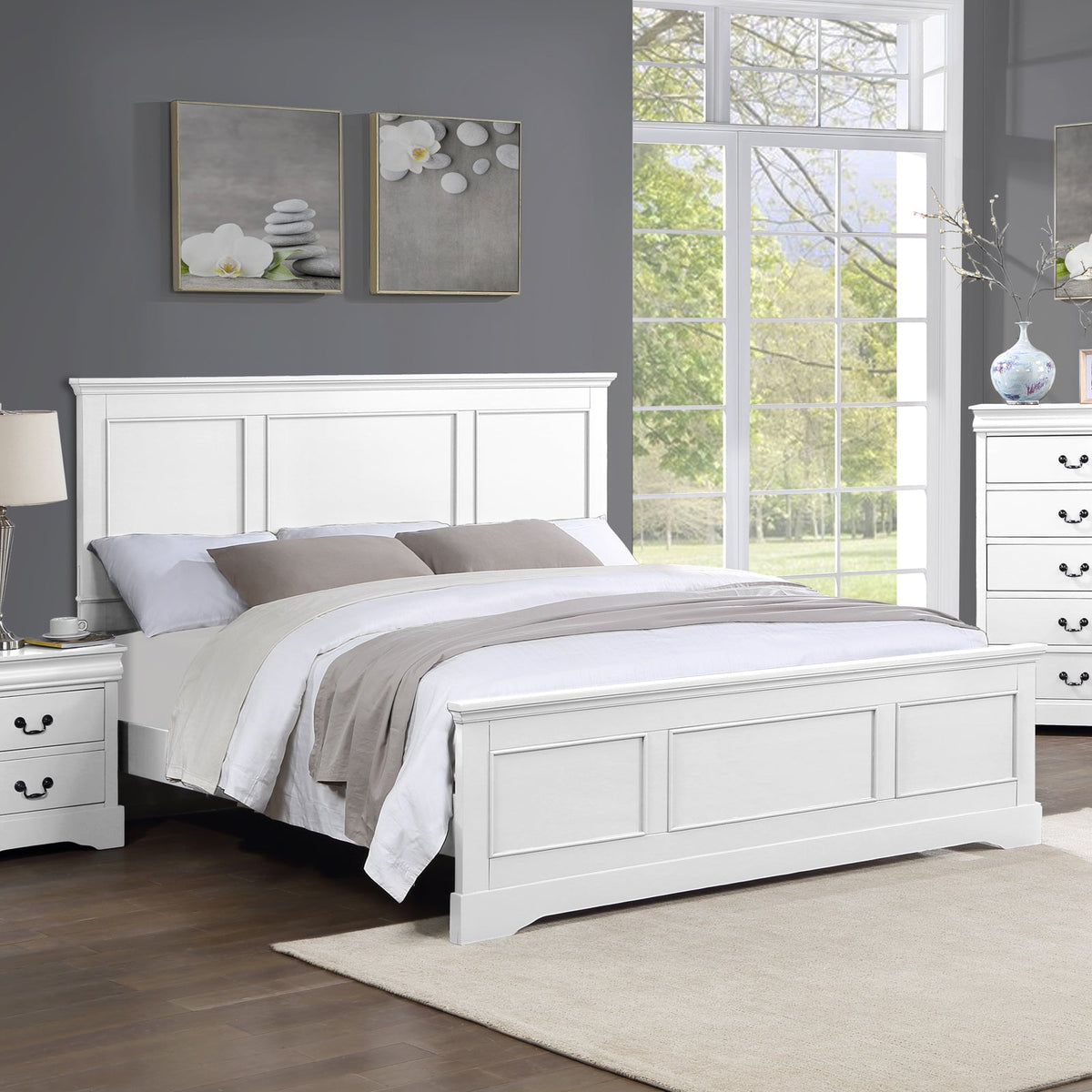 King Bed Frame in Solid Wood with Slats Support in White colour