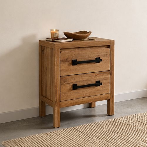 Natural Timber Look Bedside Table with Drawers