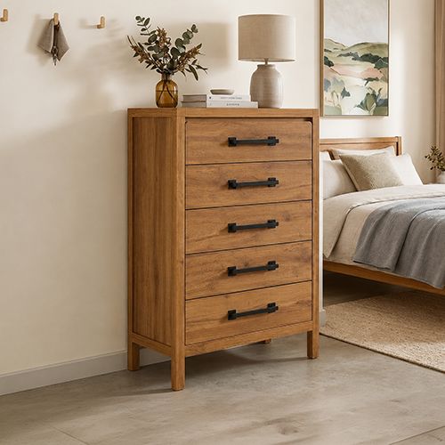 Natural Timber Look Tallboy with 5 Spacious Drawers