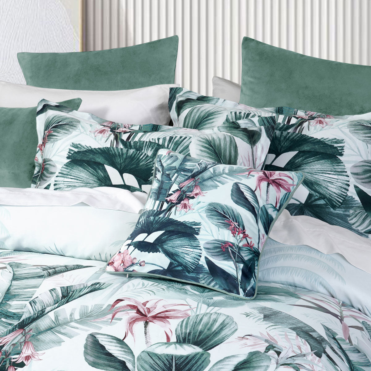 Bianca Abbey Green Cotton Sateen Tropical Floral Quilt Cover Set Double