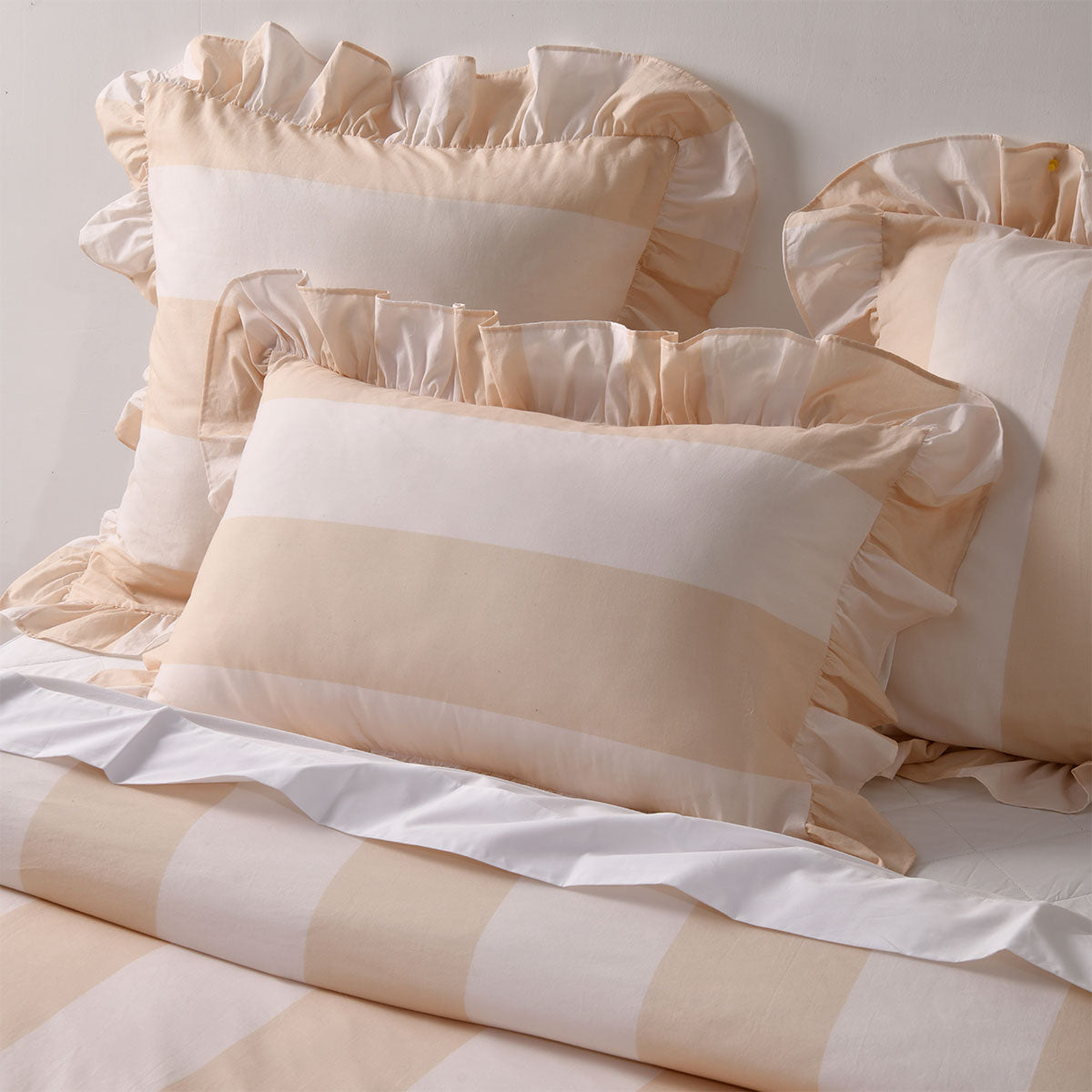 Vintage Design Homewares Candy Ruffle Natural Striped Washed Cotton Quilt Cover SetQueen
