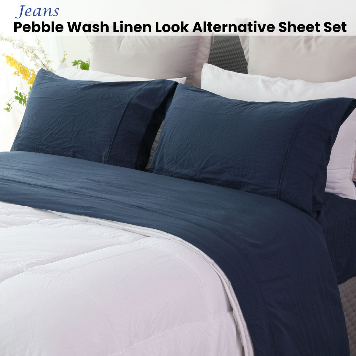 Ramesses Jeans Pebble Wash Linen Look Alternative Sheet Set Queen