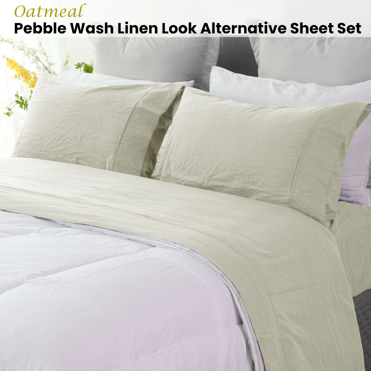 Ramesses Oatmeal Pebble Wash Linen Look Alternative Sheet Set Queen