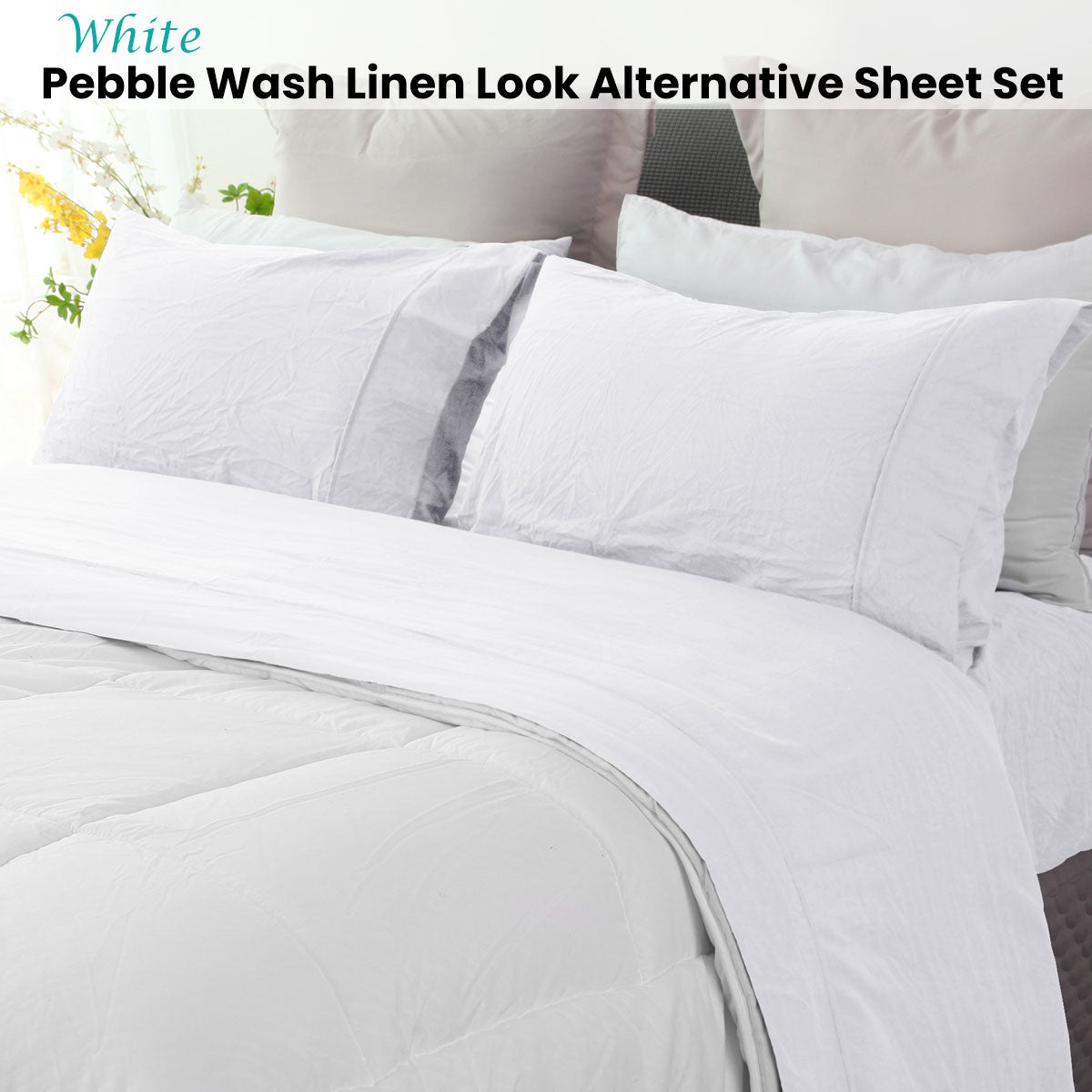 Ramesses White Pebble Wash Linen Look Alternative Sheet Set Double