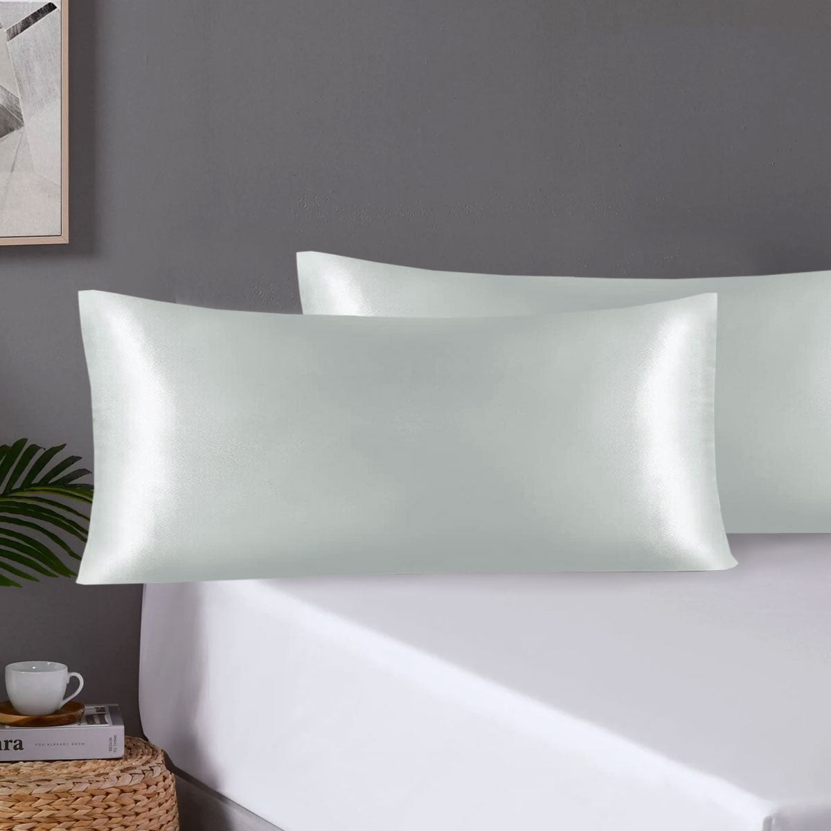 Pair of King Satin Silk Feel Pillowcases with Envelope Closure 51 x 102 cm Grey