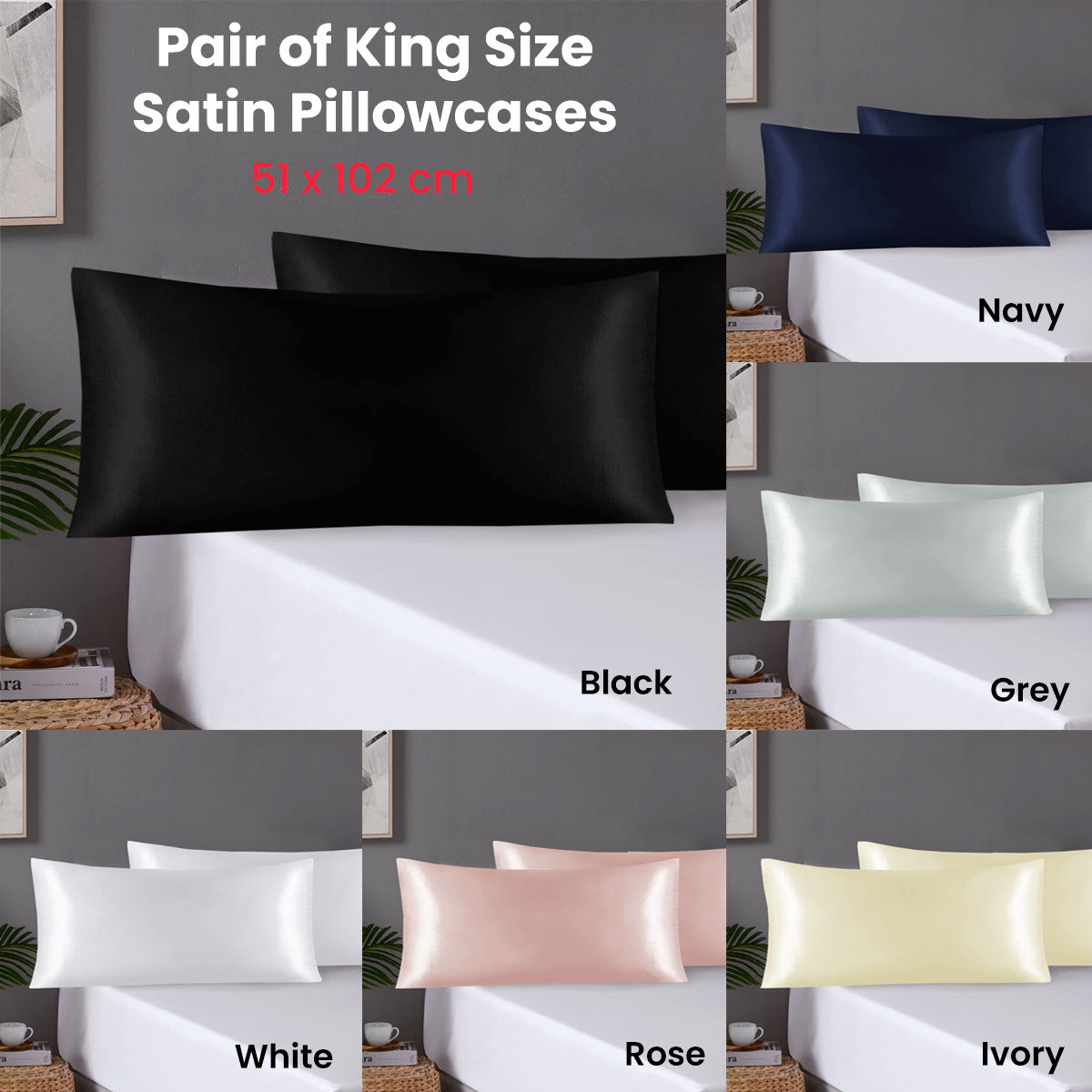 Pair of King Satin Silk Feel Pillowcases with Envelope Closure 51 x 102 cm Navy
