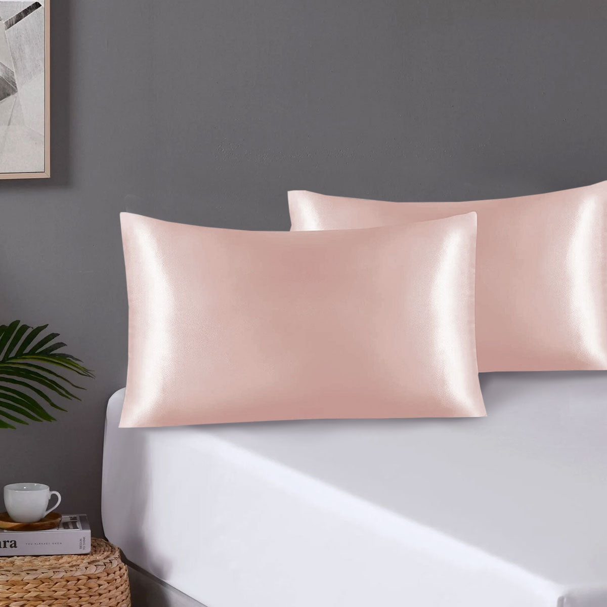 Pair of Standard Satin Silk Feel Pillowcases with Envelope Closure 51 x 76 cm Rose