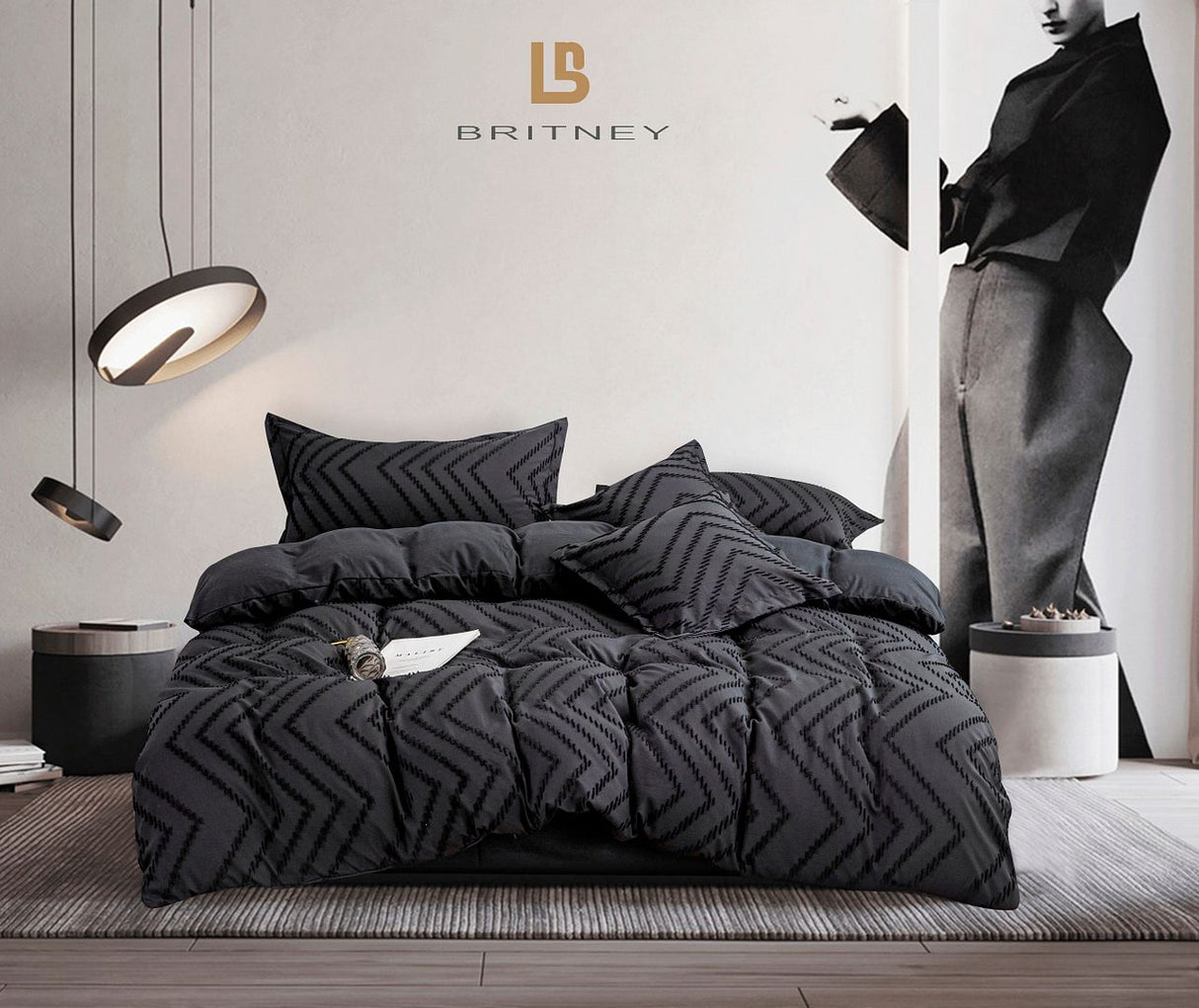 Tufted Boho Wave Jacquard Queen Size Black Duvet Quilt Cover Set