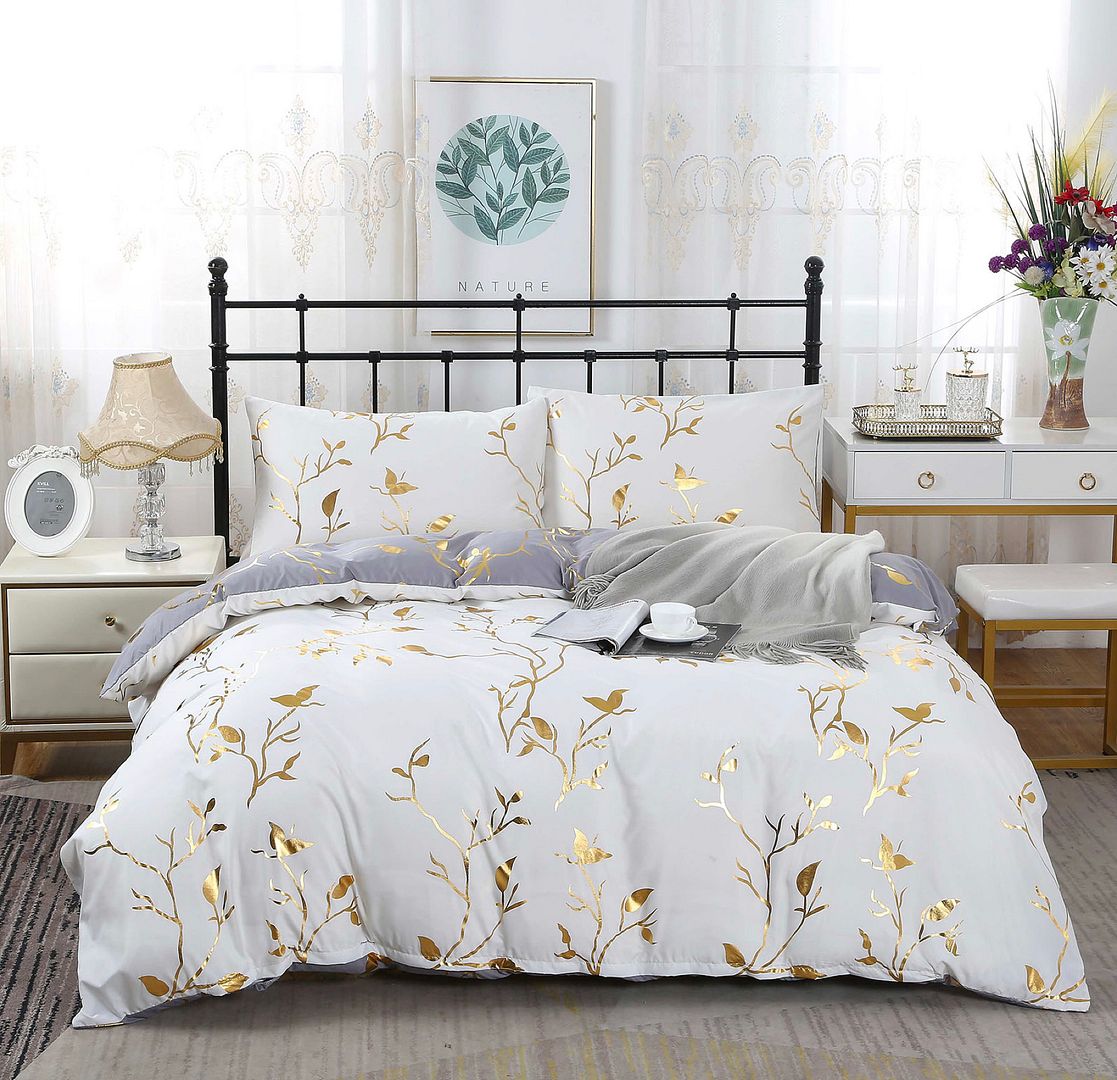 Reversible Design Leaves Grey Super King Size Bed Quilt/Duvet Cover Set