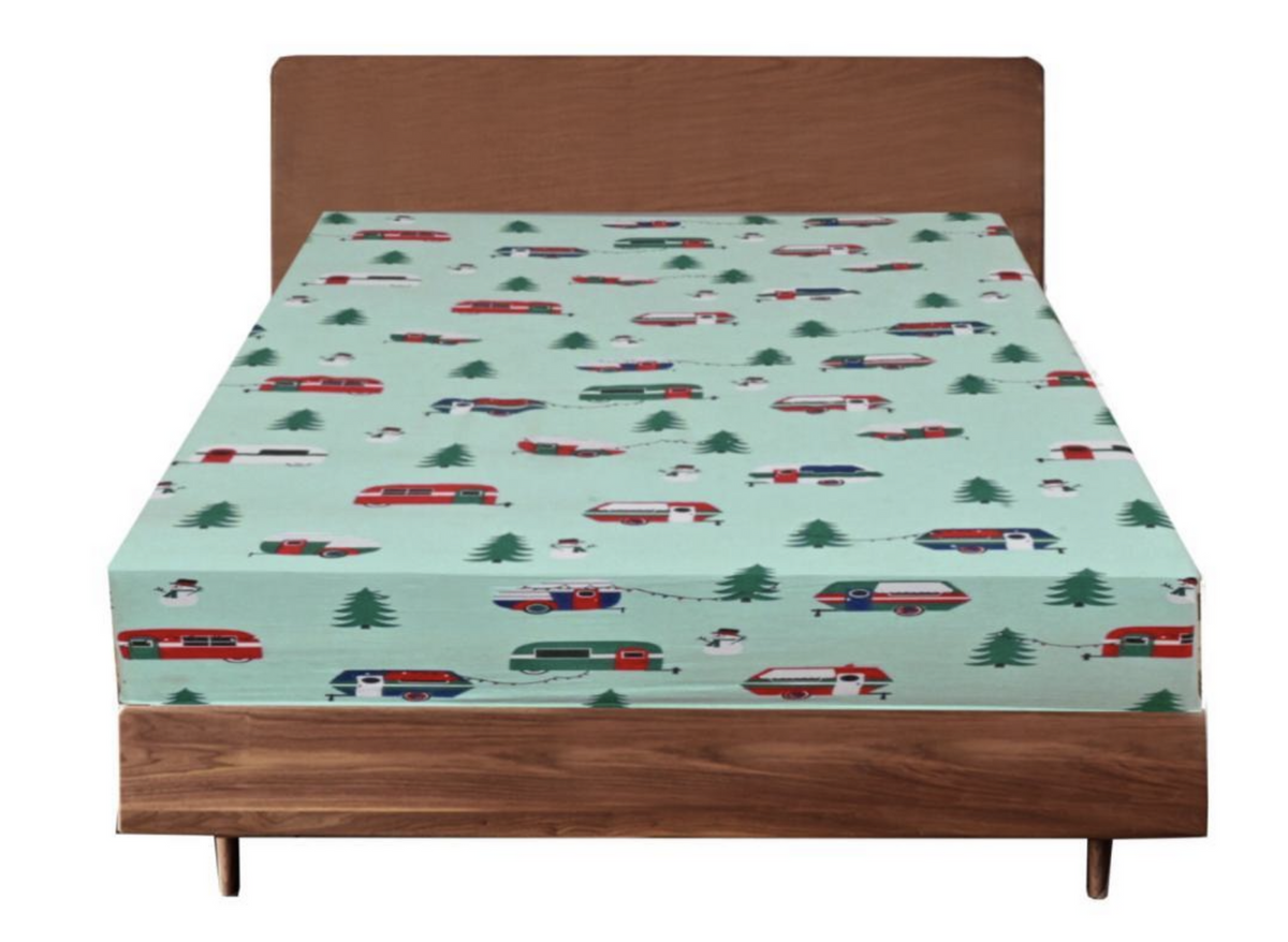 Queen Luxury 100% Cotton Flannelette Fitted Bed Sheet Flannel - Trees/Caravan
