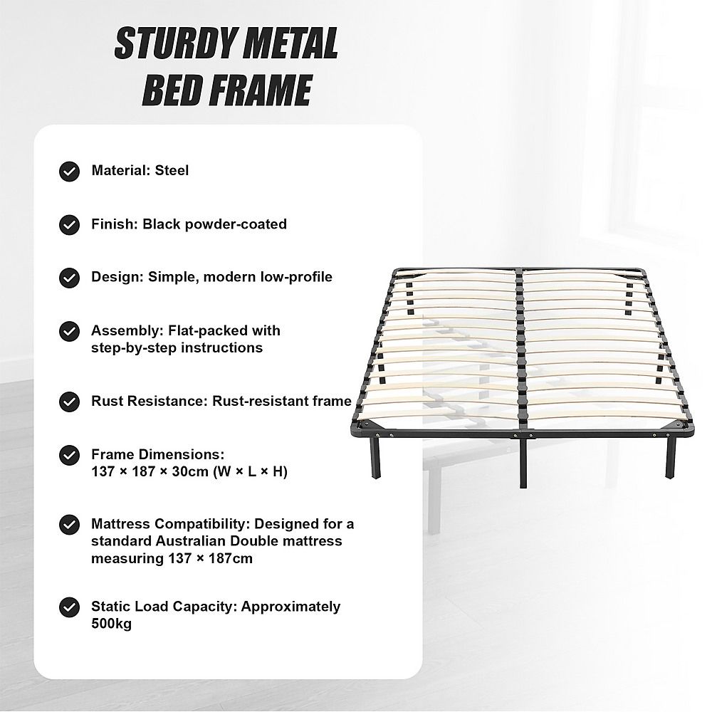 Metal Bed Frame for Double Mattress – Black Powder-Coated Steel Base