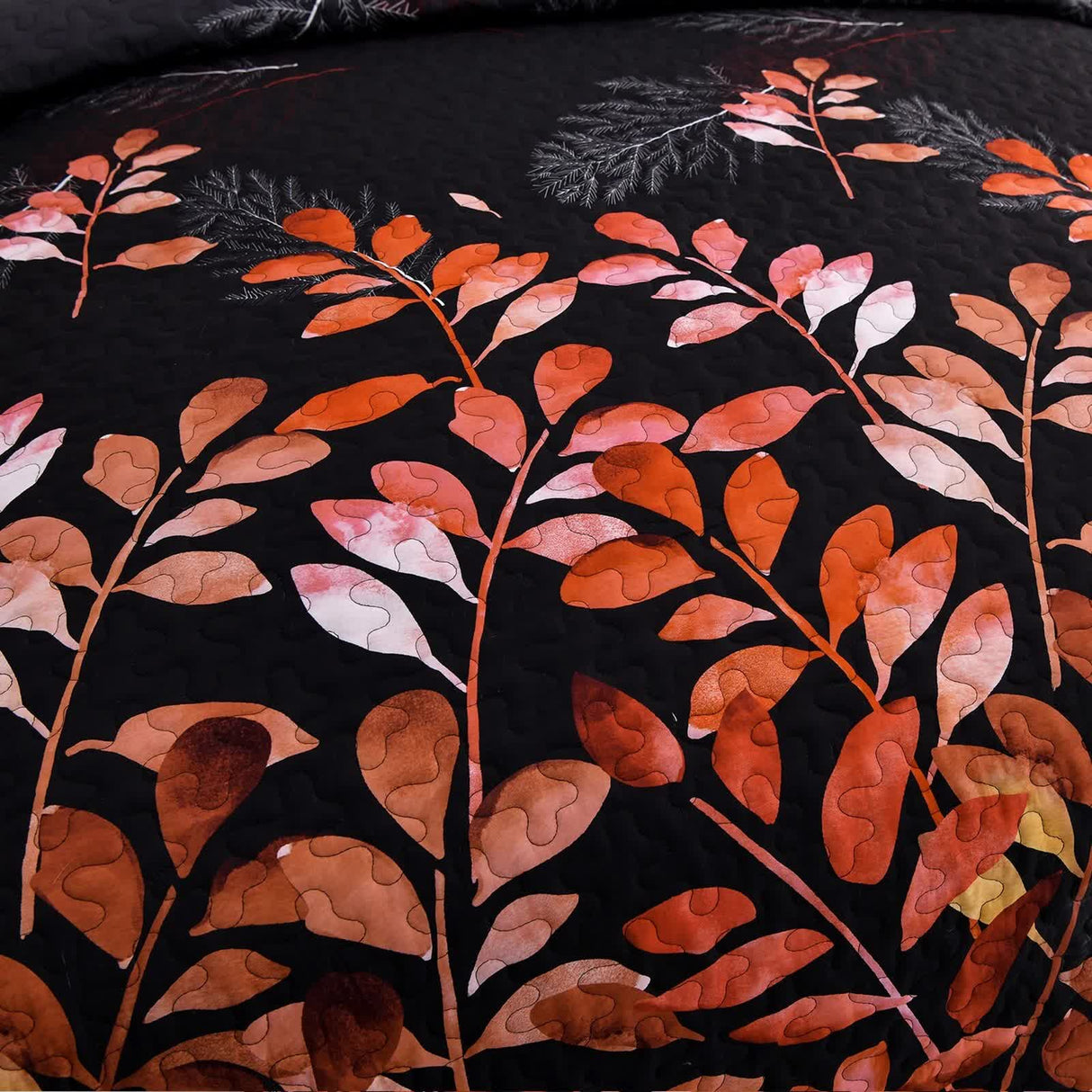 Black and Red Leaves Quilted Bedspread & Pillowcase Set