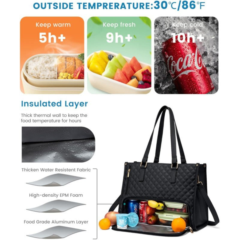 Stylish Quilted Laptop & Lunch Tote Bag , Water-Resistant with Insulated Compartment & Clutch(Wine red)