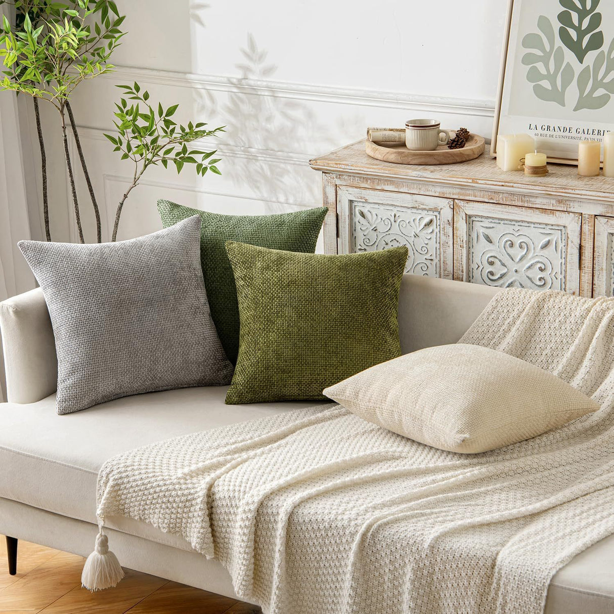 Beige Plush Chenille Cushion Covers Set of 2 - Soft Textured Decorative Throw Pillow Cases for Sofa Couch, 45x45cm