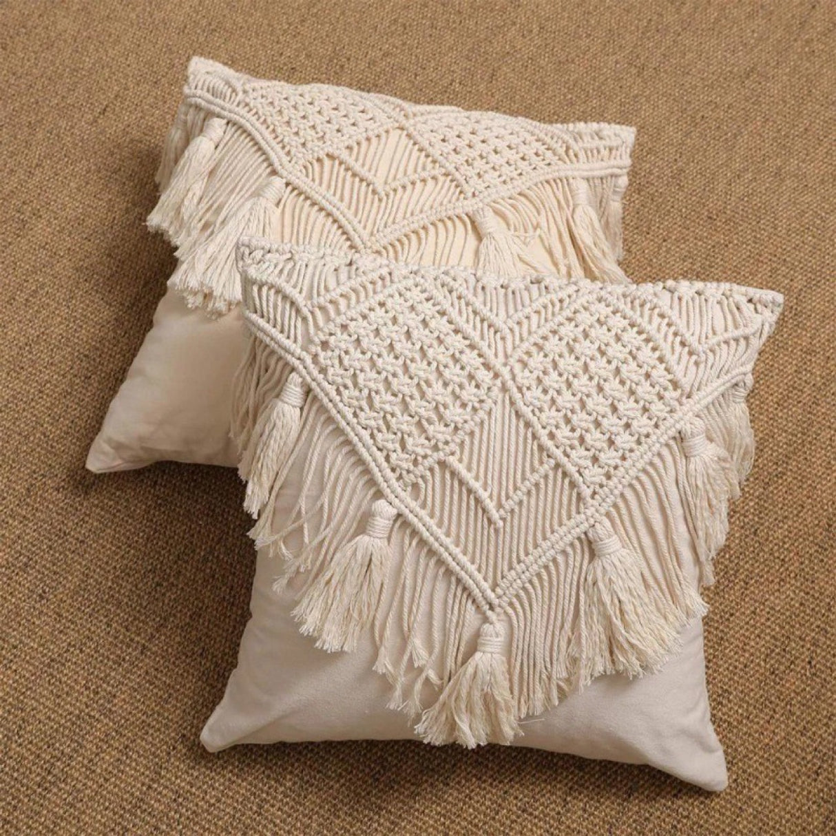 Black Boho Chic Macrame Cushion Cover - Handmade Woven Cotton Linen Pillow Case with Tassels - Decorative Throw Pillow Sham 45x45cm (Cover Only)
