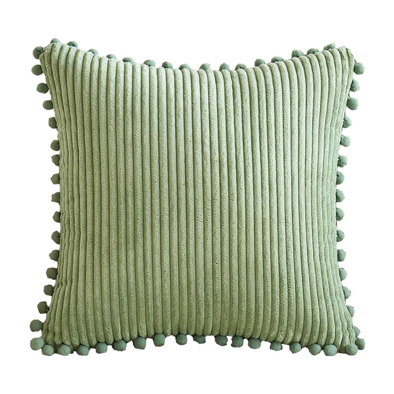 Light Green Soft Corduroy Cushion Cover Set (1 Square + 1 Rectangular) with Pom Pom Trim - Decorative Throw Pillow Cases for Sofa Couch