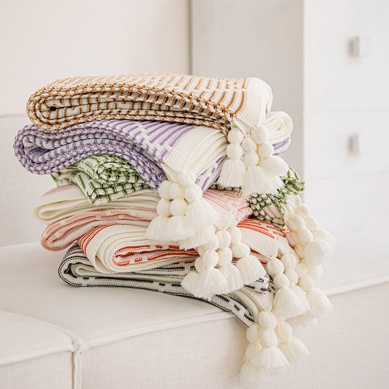 Green and Beige Diamond Pattern Soft Cozy Knit Throw Blanket with Tassels - Geometric Pattern Lightweight Acrylic Blanket for Sofa Couch Bed, 130x150cm